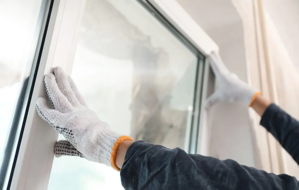 Installer’s hands completing the clean installation of a Triple-E glass energy-efficient window, ensuring optimal insulation and performance.